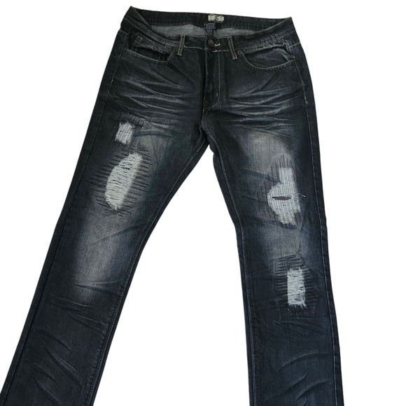 Men's Blue Black Wash Distressed Denim Jeans (No Tags, Never Worn) - Picture 2 of 10